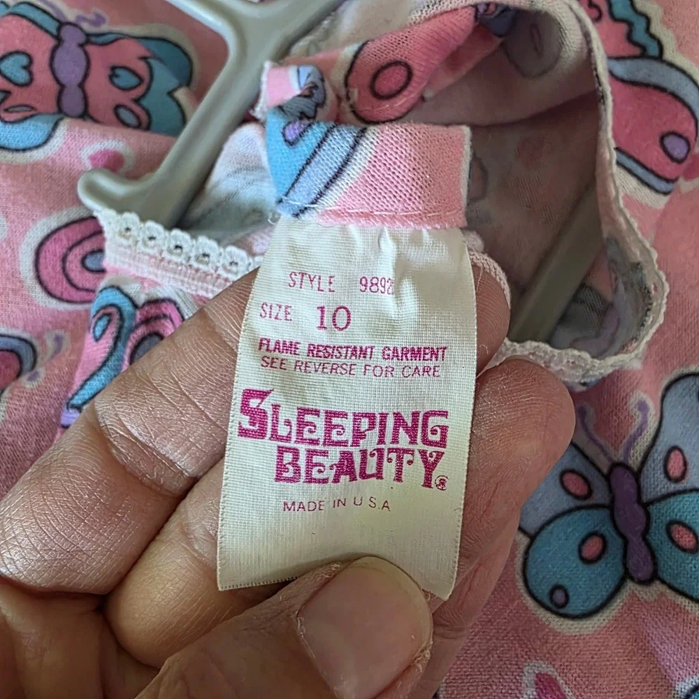 Sleeping Beauty Nightgown Kids Size 10 Pink Butterfly Lace Trim Heart Print